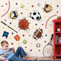 PRICES MAY VARY. It can be stuck onto any clean, dry, non-textured smooth surfaces: walls, windows, tiles, furniture, mirrors, even your refrigerators. decalmile wall stickers are made of high quality, bright and colourful, easy to peel and stick, removable and waterproof. decalmile sports balls wall stickers are perfect to decorate boys bedroom, daycare, baby nursery, kids room, classroom and preschool. Including 8 sheets, sheet size: 21cm x 30cm (8.27" x 11.81"), and DIY as your preference. If Tiles Furniture, Tennis Wall, Boy Sports Bedroom, Sports Drawings, Sport Bedroom, Playroom Wall Decor, Soccer Tennis, Sports Room, Sports Wall