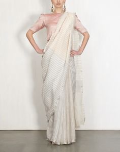 Pastel Grey And Peach Linen Sari-Anavila Jari Saree, Chick Outfit, Indian Designer Sarees, Pastel Grey, Silk Saree Blouse Designs, Women In India, Classic Blouses, Traditional Indian Outfits, Silk Saree Blouse