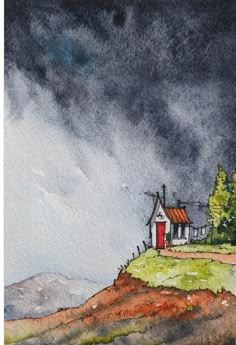 a painting of a house on top of a hill under a dark sky with clouds