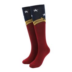 Channel your inner Wonder Woman with these officially licensed DC Comics women’s knee high socks. The classic superhero socks are custom designed to feature Wonder Woman's iconic red and blue shield. Crafted from high-quality polyester (98%) and spandex (2%), these socks are not only comfortable but also durable. With a sock size of 10-13 and shoe size range of 8-12, they're designed to fit most adults comfortably. For easy care, simply machine wash them in cold water with like colors. Superhero Socks, Dc Comics Women, Womens Knee High Socks, Blue Shield, Knee High Socks, Socks And Hosiery, High Socks, Knee High, Dc Comics