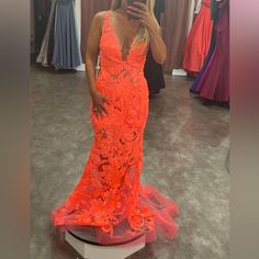 Size 2 Altered To Fit Size 0. Slightly Taken In, Hemmed, & Had Cups Sewn In. Coral Lace, Jovani Dresses, Orange Wedding, Neon Coral, Lace Gown, Color Orange, Prom Dresses, Size 2, Coral