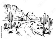 a drawing of a desert road with cactus trees and mountains in the background, black and white