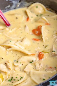 a pot filled with dumplings and carrots next to a red spoon in it