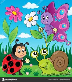 two bugs and a ladybug in the grass with flowers stock photo, picture