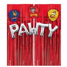 the word pawty is spelled out in front of red foil curtains with cartoon characters on them