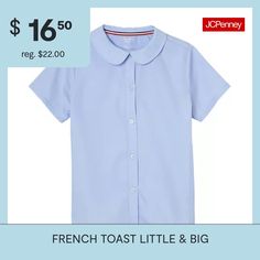 This oxford blouse from French Toast is the perfect style to keep your little or big girl sharply tailored for school, thanks to its back darts for the perfect fit. It's made from a soft cotton-blend poplin with a round Peter Pan collar, short sleeves, and button-down closures. Wear tucked in a pleated skirt with mary jane shoes.Closure Type: ButtonFit: Regular FitNeckline: Collar NeckSleeve Length: Short SleeveSleeve Style: Fitted SleeveFiber Content: 55% Cotton, 45% PolyesterFabric Descriptio… Spring Button-up Shirt For School, Classic Cotton School Blouse, Spring Cotton School Uniform Tops, Classic Spring Blouse For School, Classic School Shirt With Button Closure, Shirt With Button Closure For School In Spring, School Uniform Tops With Collar, Classic Button-up Tops For School, Summer School Uniform Top