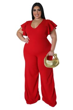 Stretch jumpsuit V neck Sleeveless Zipper closure 93% polyester 7% spandex Hand wash cold Inseam is 37 inches Model is wearing a 2X Stretch Jumpsuit, Chic And Curvy, Bodycon Dresses Casual, Ruffle Pants, Half Sleeve Tops, Casual Rompers, Red Jumpsuit, Drag Queens, Special Girl