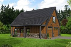 this is an artist's rendering of a small cabin style home with stone and wood accents