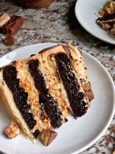 a slice of chocolate cake on a white plate