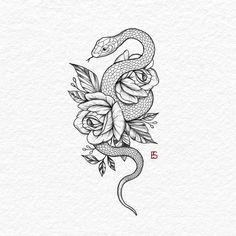 a drawing of a snake with flowers on it