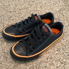 Size 1 Harley Davidson Converse Style Sneakers, New With Tags. Casual Orange Slip-resistant Sneakers, Casual Orange Sneakers For School, Converse Style, Style Sneakers, Black Orange, Orange Black, Kids Shoes, Harley Davidson, Converse