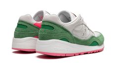 The Saucony Shadow 6000 Split “Watermelon” is a colorway of the lifestyle shoe inspired by the summertime fruit.  True to its nickname, the “Watermelon” Saucony Shadow 6000 Split features design elements inspired by watermelon.  The shoe has a split design that features white leather overlays on the lateral side and pink leather overlays on the medial side.  A green hairy suede Saucony logo appears on the medial side of the shoe.  More green suede detailing is found on the hairy suede mudguard t Saucony Shadow, Split Design, Stadium Goods, Green Suede, White Mesh, Pink Leather, White Leather, Sale Items, Design Elements