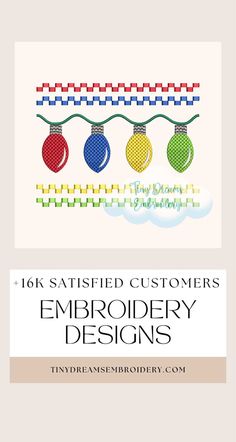 the front cover of an embroidery pattern for christmas ornaments, with text that reads 10k satisfied customers embroideryery designs