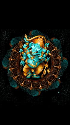 a blue and gold statue sitting in the middle of a black background with lots of bubbles