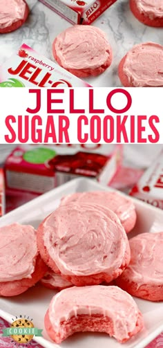 pink jello sugar cookies on a plate with the words jello in front of them