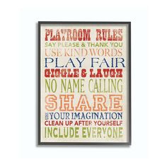 a poster with the words playroom rules in multicolored font on white paper