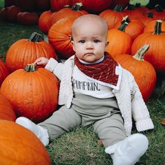 a baby sitting on the ground surrounded by pumpkins