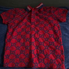 Red With Blue Gucci Stitching All Over Red Gucci Cotton Top, Summer Fitted Gucci Tops, Gucci Cotton Long Sleeve Shirt, Gucci Fitted Long Sleeve Shirt, Gucci Collared Cotton Tops, Gucci Fitted Casual Top, Casual Gucci Collared Top, Casual Fitted Gucci Tops, Gucci Summer Collared Top