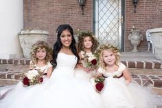 Flower girls with flower crowns, marsala and gold accents Flower Girl Crown, Gold Accents, Strapless Wedding Dress, Crown