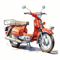 an orange motor scooter is parked on the side of the road in front of a white background