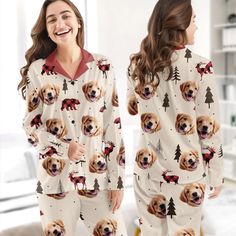 This custom Christmas pajama set is a perfect choice whether you are seeking for a special gift for your loved ones or even yourself. A quality pajamas will not only keep you cozy, but will also help maintain a comfortable body temperature throughout the night. It is not only to improve sleep quality but also an act of self-care. Product details: Material: 90% polyester + 10% spandex. Feature: Made from soft fabric, these lightweight, breathable pajamas are the ultimate way to get snuggly and warm. Printed with your own photos, and quirky design, these personalized pajamas will make you feel gorgeous. Shirt: long sleeves, durable black buttons and V-neck design. Pants: elastic waistband. Size: Please calculate your size from the measurement chart below. Care instruction: Hand wash gently w Custom Christmas Pajamas, Women’s Christmas Pajamas, Christmas Bear Pajamas, Christmas Pajama Set Zulily, Flannel Pajama Sets Women Animals, Dog Pjs, Dog Print Pajamas, Personalized Pajamas, Christmas Pajama Set