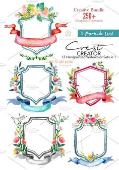 watercolor frames with flowers and ribbons