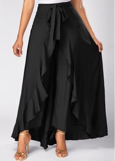 Tie Waist Side Zipper Ruffle Palazzo Pants | liligal.com - USD $31.58 डिजाइनर कपड़े, Solid Skirt, Fashion Bottoms, Utsav Fashion, فستان سهرة, Blouse Diy, Flare Skirt, Skirt Fashion, Long Skirt