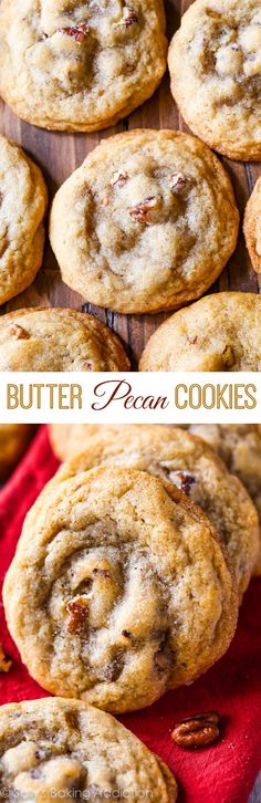 chocolate chip cookies are stacked on top of each other with the words, butter pecan cookies