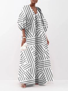 Irregular Stripe Printing V-Neck Puffy Sleeves Loose Maxi Dress Chic Gray V-neck Maxi Dress, Oversized Gray V-neck Dress, Casual Gray V-neck Maxi Dress, Oversized Green V-neck Dress, Oversized Green V-neck Maxi Dress, African Maxi Dress Ankara, Linen Dress Pattern, Mode Kimono, African Maxi Dresses