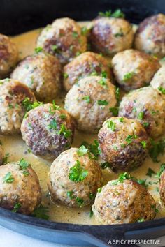 meatballs and gravy in a skillet ready to be eaten