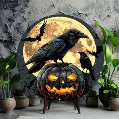 two black crows sitting on top of a carved pumpkin in front of a full moon