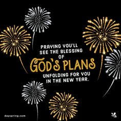 fireworks with the words god's plans written in gold and silver on black background