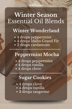 Transform your winter nights with our 3 favorite Winter Themed Essential Oil Blends! Whether you're winding down for a relaxing evening in bed, setting the perfect ambiance for holiday gatherings, or simply indulging in cozy aromas, these blends are a wintertime must-have. From soothing scents like Peppermint Mocha and Sugar Cookies, to holiday-inspired fragrances like Winer Wonderland, these oils are your go-to for comfort, relaxation, and festive cheer. Perfect for any home this season—don’t miss out on these cozy essentials!   #BedzzzExpress #WinterEssentialOils #HolidayAromas #EssentialOilBlends #RelaxAndUnwind #HomeFragrance #HolidayGatheringEssentials #CozyWinterVibes #AromatherapyLovers #SeasonalMustHaves Essential Oils Scents, Essential Oil Blends Relaxation, Snow Day Essential Oil Blend, Blending Essential Oils, Cozy Essential Oil Blends, Fragrance Oil Blends For Candles, Winter Essential Oil Blends, Essential Oil Recipes Diffuser, Best Essential Oil Blends