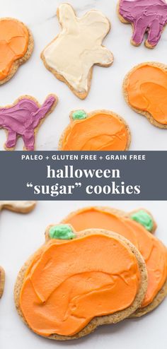 halloween sugar cookies with orange and purple frosting