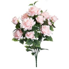 a bouquet of pink roses with green leaves