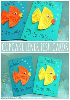 two pictures of cupcake liner fish cards with the words, to say it's easy