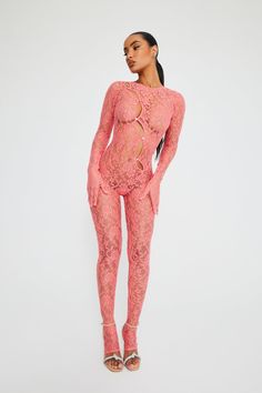 Sunset Hues Lace Catsuit – BRIELLE Pink Jumpsuits Outfit, Catsuit Outfit, Sunset Hues, Strapless Ruffle Dress, High Fashion Outfits, Crystal Buttons, Valentine's Day Outfit, Lookbook Outfits, Catsuit