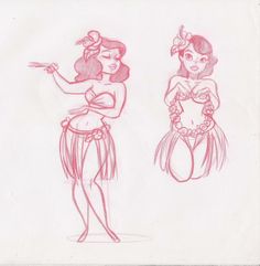 two drawings of women in swimsuits, one pointing at the camera and the other holding