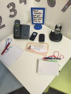 an office cubicle with two telephones, a notepad and other items on the desk