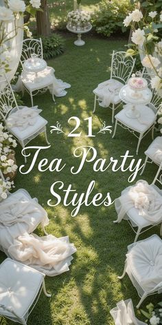 two tea party styles with white chairs and flowers in the background, surrounded by greenery