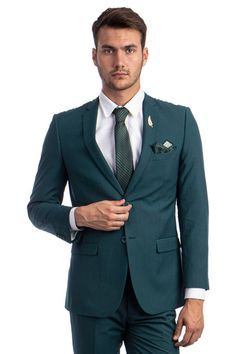 Jacket: Solid Two Button Front Closure Slim Fit Notch Lapel Side Vents Interior French Facing Two Besom Front Pockets with Flap Closure Three Interior Pockets Underarm Sweat Guards Pants: Flat Front Two Back Besom Pockets with Button Closure Two Front Angled Slip Pockets Lined To the Knee 37 Inch Inseam Zip Fly & Extended Button Closure on Waistband Green Long Sleeve Tuxedo For Wedding, Green Long Sleeve Suit For Groom, Green Three-piece Suit For Wedding, Green Long Sleeve Three-piece Suit For Wedding, Green Three-piece Wedding Suit, Green Three-piece Long Sleeve Wedding Suit, Long Sleeve Single Breasted Wedding Sets, Single Breasted Long-sleeved Three-piece Suit For Wedding, Tailored Three-piece Suit For Wedding With Long Sleeves