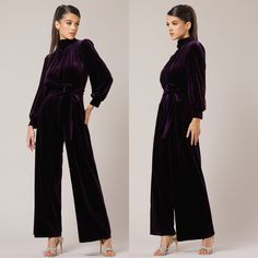 two images of a woman wearing purple velvet jumpsuits