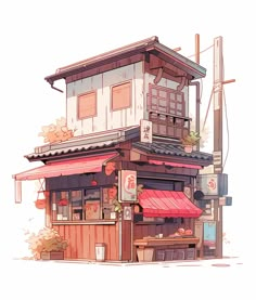 Japanese Home Illustration, Isometric Japanese House, Japanese Shop Aesthetic, Japanese House Sketch, Japanese Restaurant Exterior, Cozy Building, Sims 4 Japanese House, Japanese Library