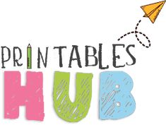 the words printables hub written in colorful letters with a paper airplane flying above them