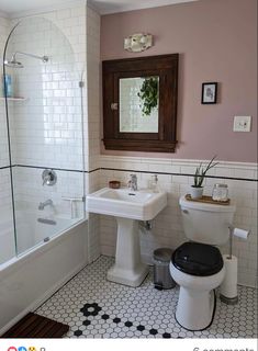 subway tile, pedestal sink, hex floor tiles Early 1900s Bathroom, Half Bath Bathroom Ideas, 1920 Bathroom 1920s Style, Tiny Full Bathroom Ideas, Victorian Tenement, 1920s Bathroom Remodel, 1920s Bathroom, Vintage Style Bathroom