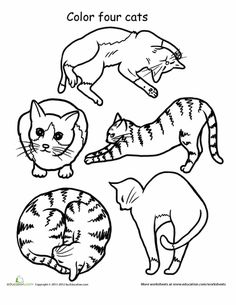 four cats coloring pages for kids with different colors and sizes, including black and white