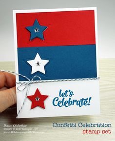 someone is holding up a patriotic card with the word let's celebrate written on it