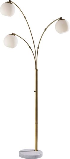 three light floor lamp with marble base and four white glass globes on the top