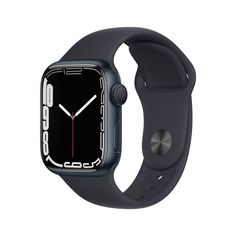 an apple watch with black band and red numbers on the face, is shown in front of a white background