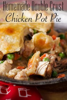 homemade double crust chicken pot pie in a cast iron skillet with text overlay